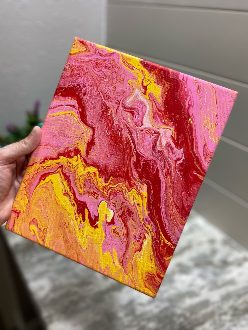 Hand Crafted Abstract Painting in Red, Pink, & Yellow